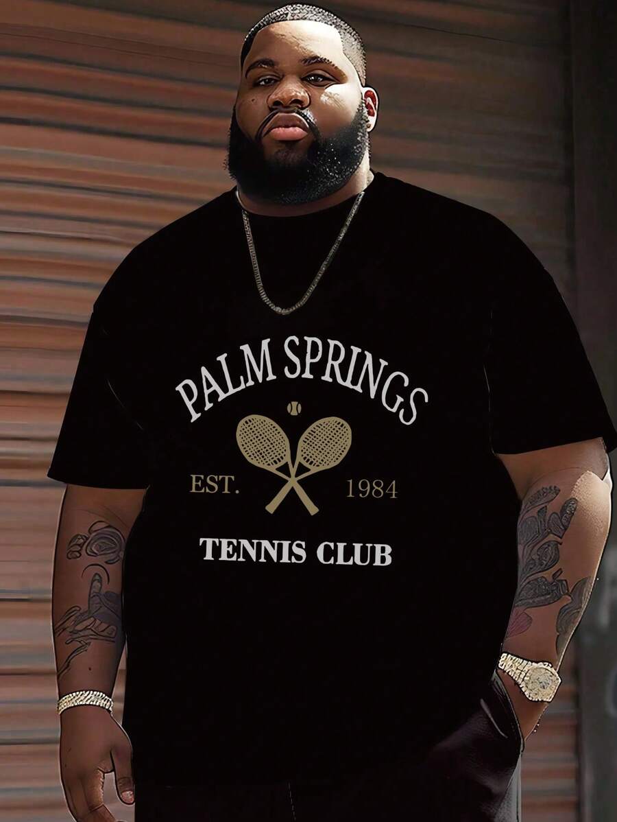 Plus Size Men Street Style Tennis Racket Graphic Printed T-Shirt, Crew Neck Short Sleeve Casual Y2K Pullover Tee For Daily Wear