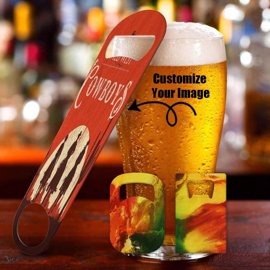 Aanpasbare roestvrijstalen flesopener met dubbelzijdige fotoprint, gepersonaliseerde metalen bier-/wijnflesopener