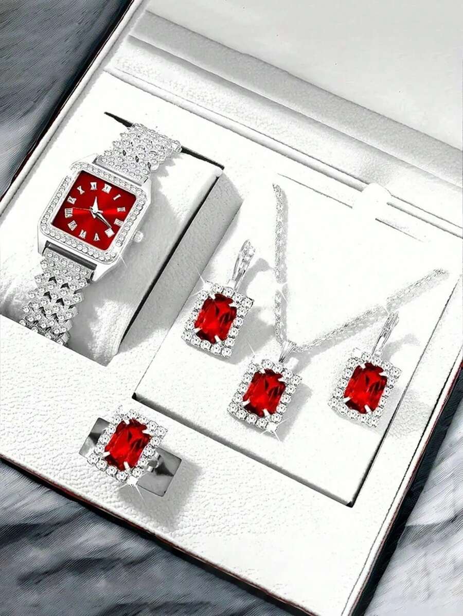 Set de 5 relojes de lujo de cuarzo para mujer + Conjunto de joyería de diamantes cuadrados populares, apropiados para uso diario y como regalos para amigos y familiares