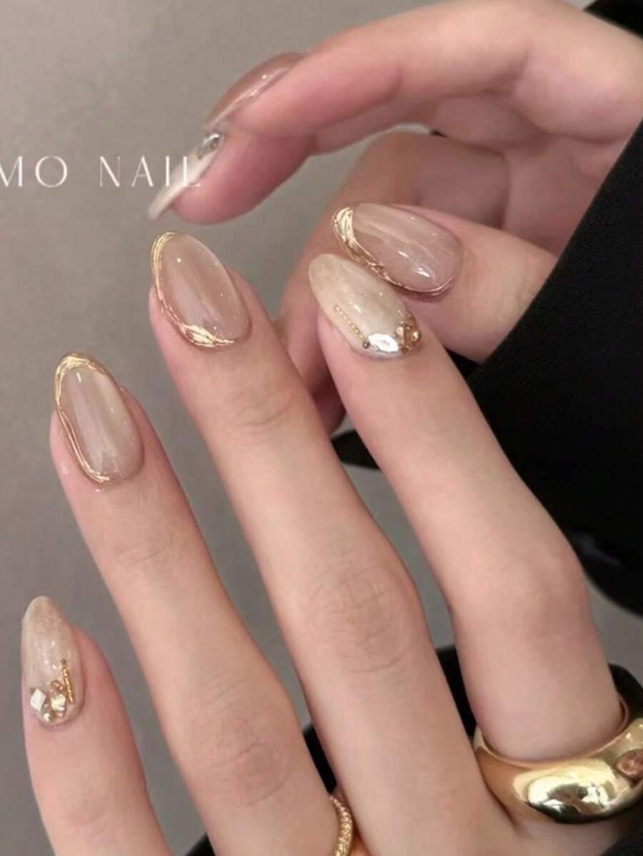 10pcs Almond Shaped Gold And Silver Handmade Press-On Nails, Suitable For Daily And Festival Wear, Reusable, Suitable For Women And Girls,Cute Press On Nails