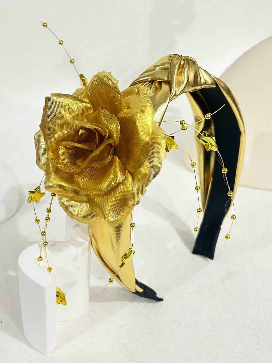 1pc Women Ramadan Gold Rose Peony Star Bead Chain Leather Star Knot Headband, Casual Polyester Fiber Headband, Suitable For Party Year Round