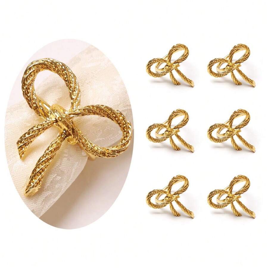 Set van 1/2/3/4/6/8 elegante, eenvoudige, vergulde servetringen met strik, servetring in de vorm van een strik, voor tafeldecoratie voor bruiloften, tafeldecoratie voor de eetkamer, Thanksgiving en dagelijkse decoratie
