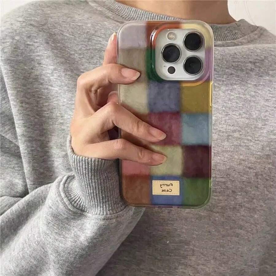 Funda de teléfono compatible con iPhone 16, 15, 14, 13, 12 Pro Max, 1 pieza de estilo cuadriculado con diseño de color de bloque de dopamina mono, funda trasera suave de silicona