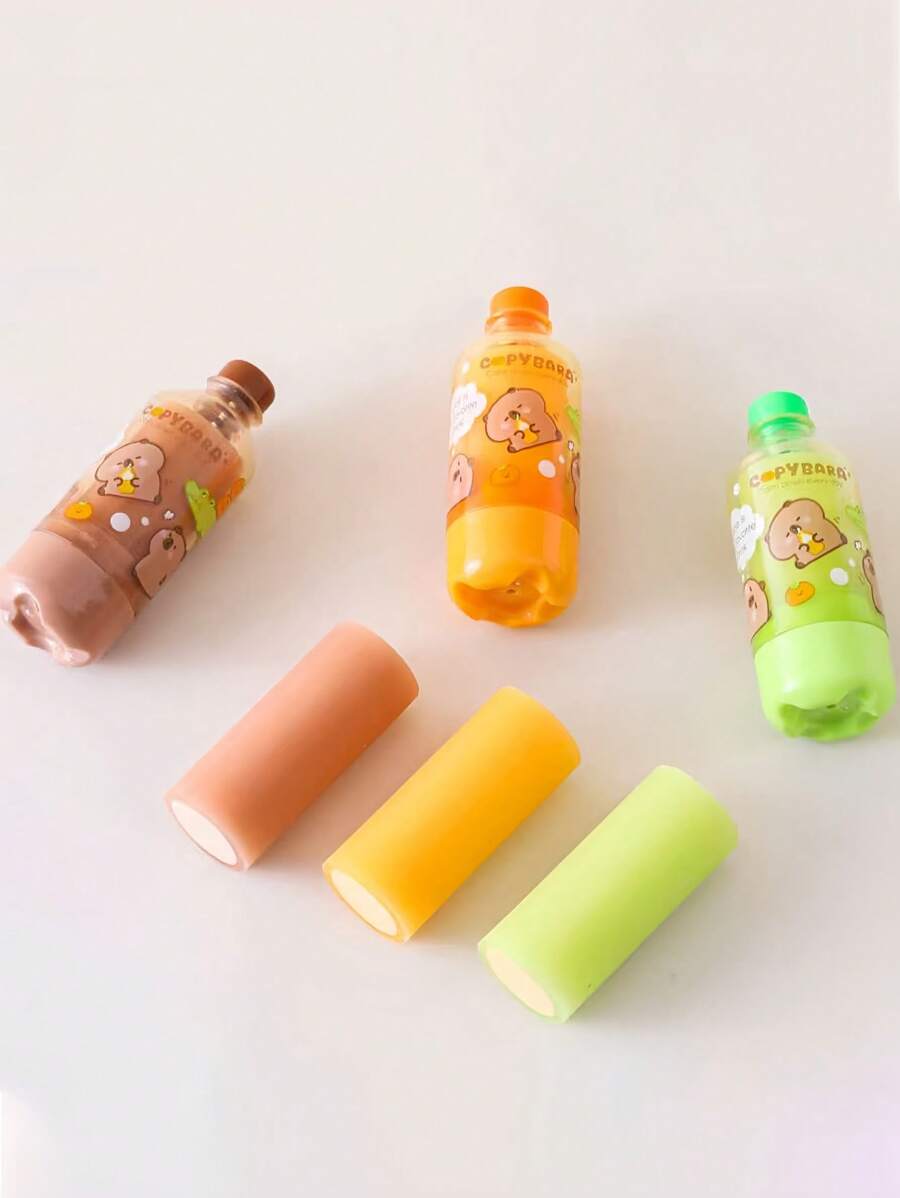 1pc/3pcs Random Colors Carpe Diem Multi-Function Juice Bottle Erasers, Candy-Colored Creative Design, Suitable For Students, Perfect Gift, School Supplies, Back To School