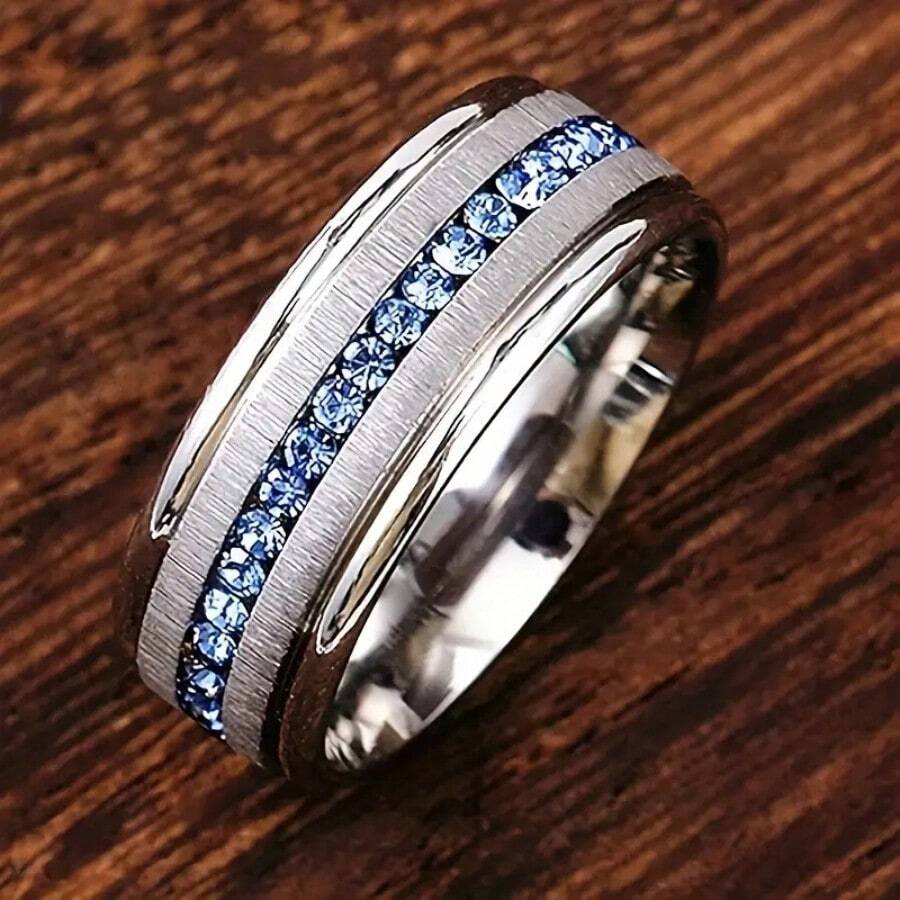 1 Fashionable 8mm Men's Stainless Steel Wedding Engagement Ring, With A Frosted Surface Inlaid With 1 Circle Of Blue Synthetic Cubic Zirconia, Which Is Very Beautiful And The Best Holiday Gift