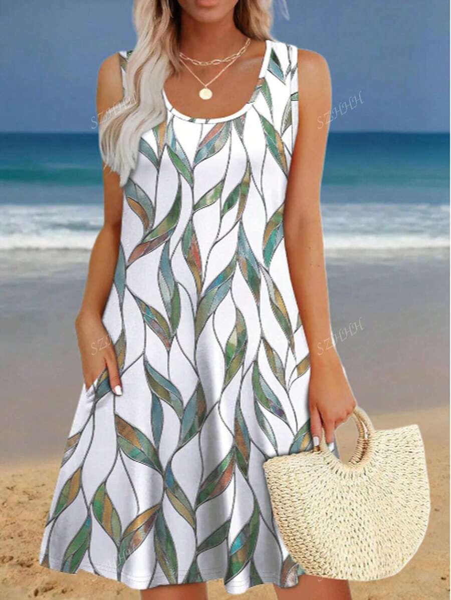 Plus Size Vrouwen Casual Vakantie Stijl Mouwloze Jurk Met Zakken, Zomer Print