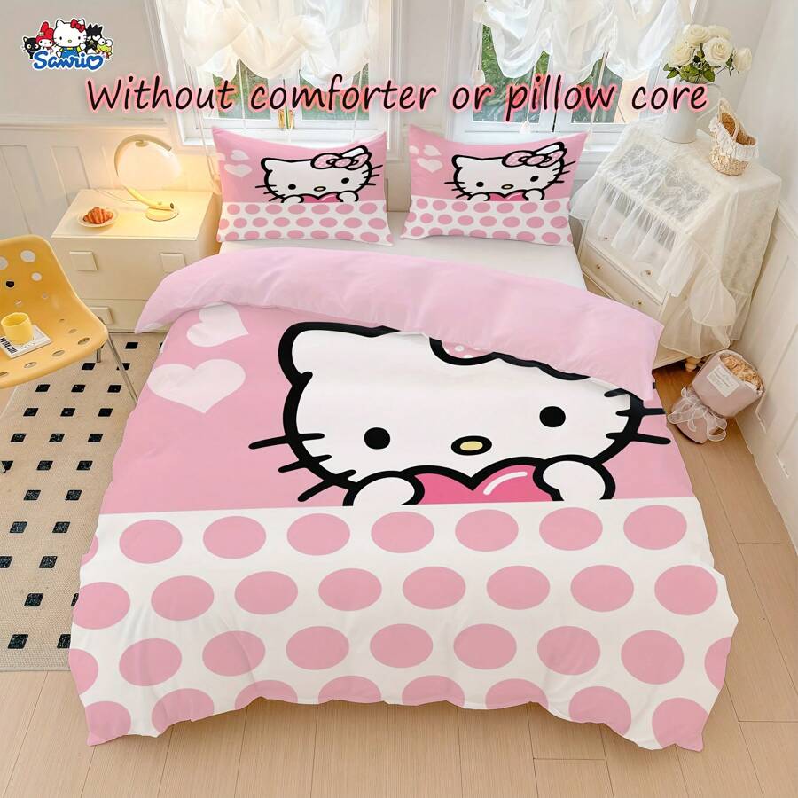 Sanrio Sanrio Hello Kitty Cute Cartoon Bedding Set - Single/ Twin/ Double Size, Soft & Breathable Duvet Cover With Zipper Closure And Pillowcases, No Comforter, Machine Washable - Ideal For Bedrooms And Camping