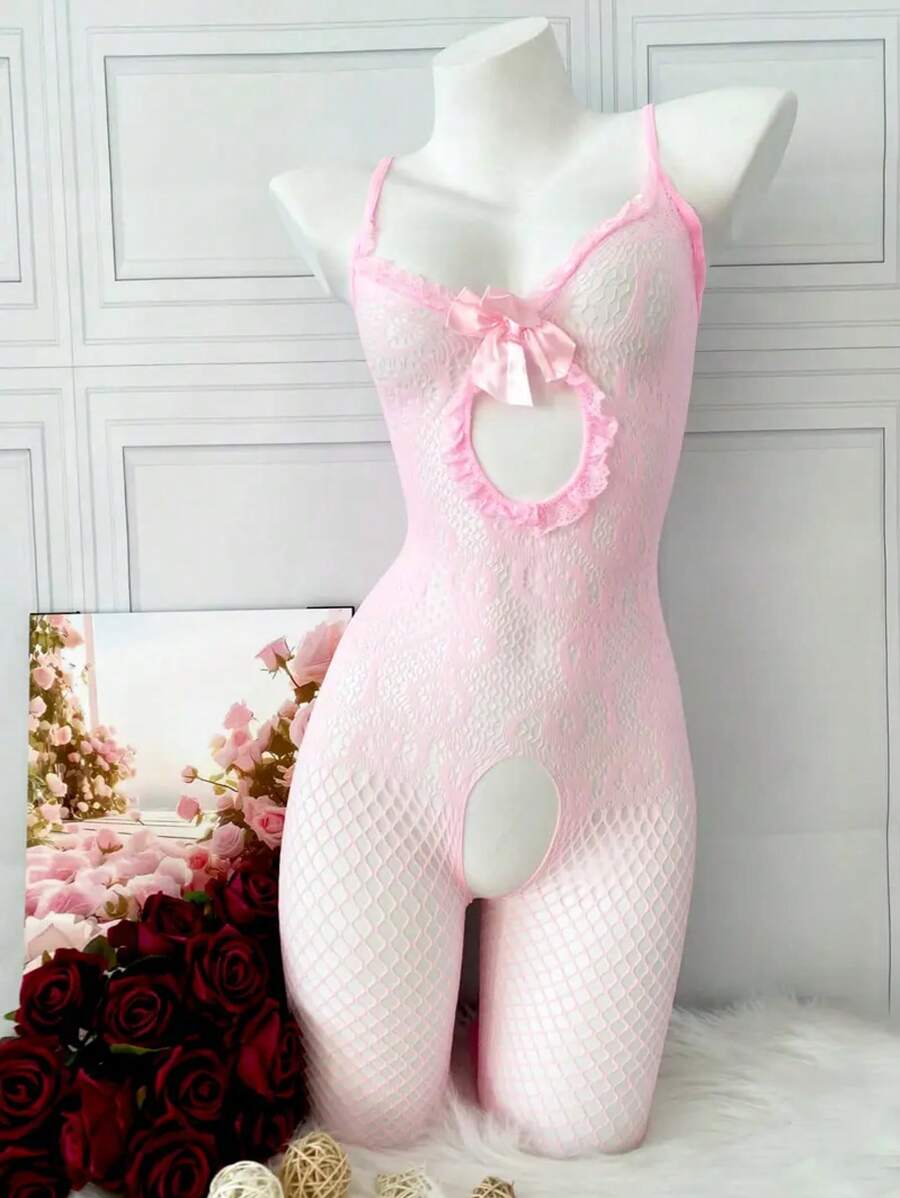 Lingerie sexy da donna, tutina rosa con fiori in rete e fiocco, taglio aperto
