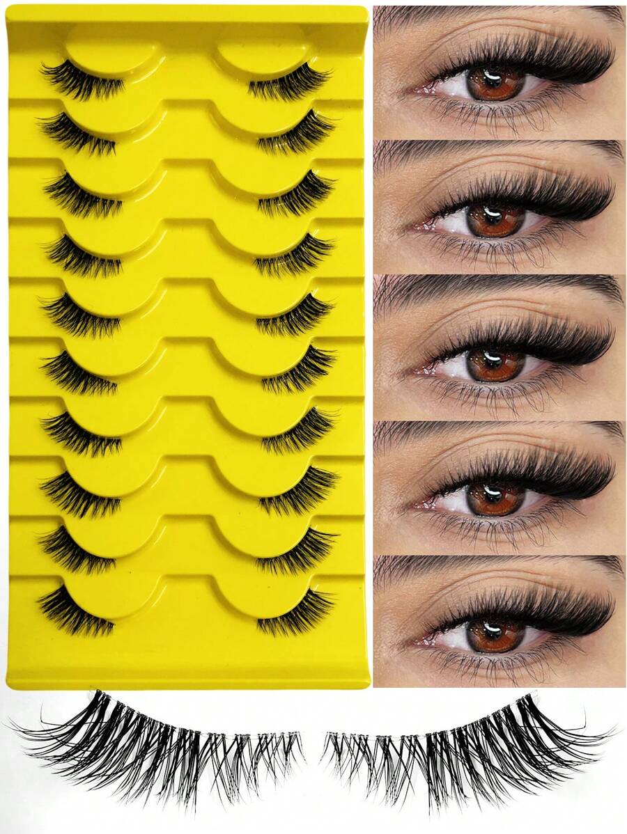 10 Pairs Half Lashes With Clear Band Cat Eye Tail Elongated Eyelashes Natural Look Wispy Faux Mink Lashes Fluffy Soft False Eyelashes Natural Makeup,Suitable For Everyday Wear, Party Wear, Valentine's Day Makeup