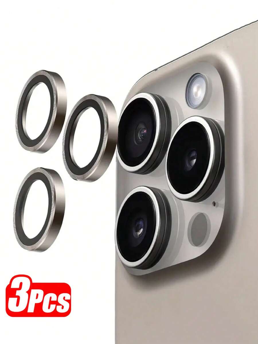 Un set de 3 estuches de lentes de titanio natural compatibles con 16, 15 Pro, 15 Pro Max, 15 Plus, 14 Pro y 14 Plus, con protección de pantalla de vidrio templado y tapa de cámara separada de metal, diseño amigable para el usuario. Regalo para cumpleaños, familiares y amigos. Aleación de metal con vidrio templado de cobertura completa, protector de lente, accesorios para teléfono