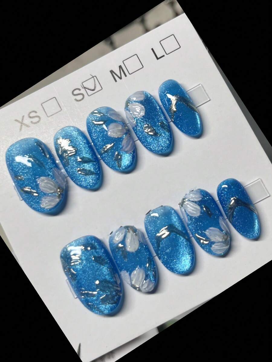 10 piezas de uñas postizas hechas a mano de color azul zafiro, uñas postizas de cobertura completa con forma de almendra y efecto de ojo de gato de lujo, un imprescindible de moda para crear un aspecto encantador, adecuado para mujeres y niñas, para uso diario o festivo. Suministros de uñas