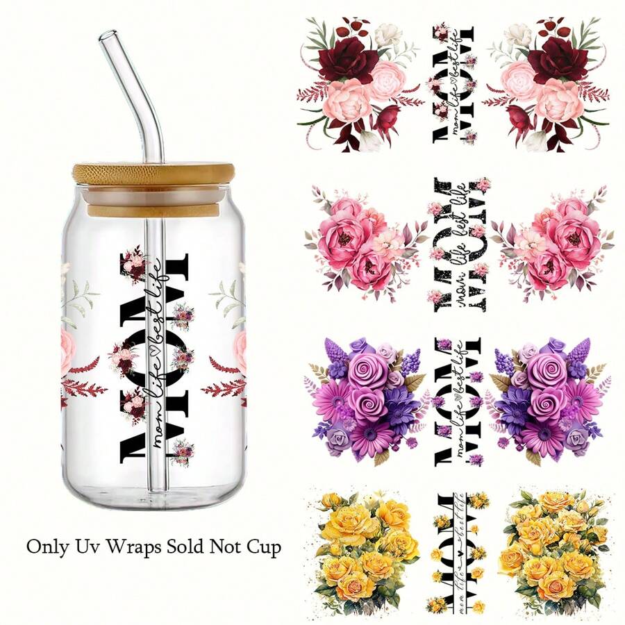4 piezas Pegatinas de transferencia DTF UV con el mejor patrón floral de mamá para vasos Libbey de 16 onzas - Calcomanías resistentes para tazas, botellas, útiles escolares y manualidades DIY - Diseño de envoltura resistente al agua y reutilizable de fácil aplicación - Regalo perfecto para el Día de la Madre