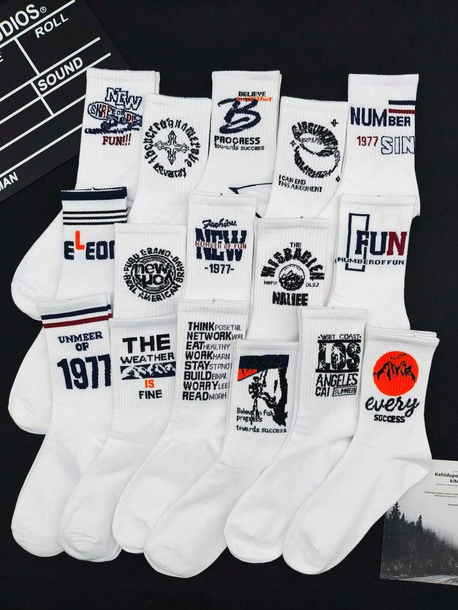 5 pares de calcetines medianos aleatorios con diseño de letras y números, calcetines blancos casuales y elegantes para hombres y mujeres