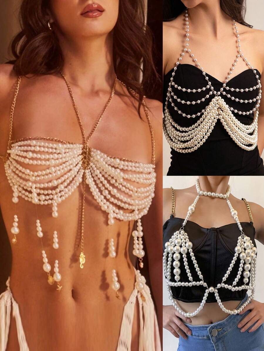 1pc Vintage Sexy Bohemian Pearl Bead Chain Fringed Necklace Backless Bikini Chain Top, Fashion Accessory Suitable For Women