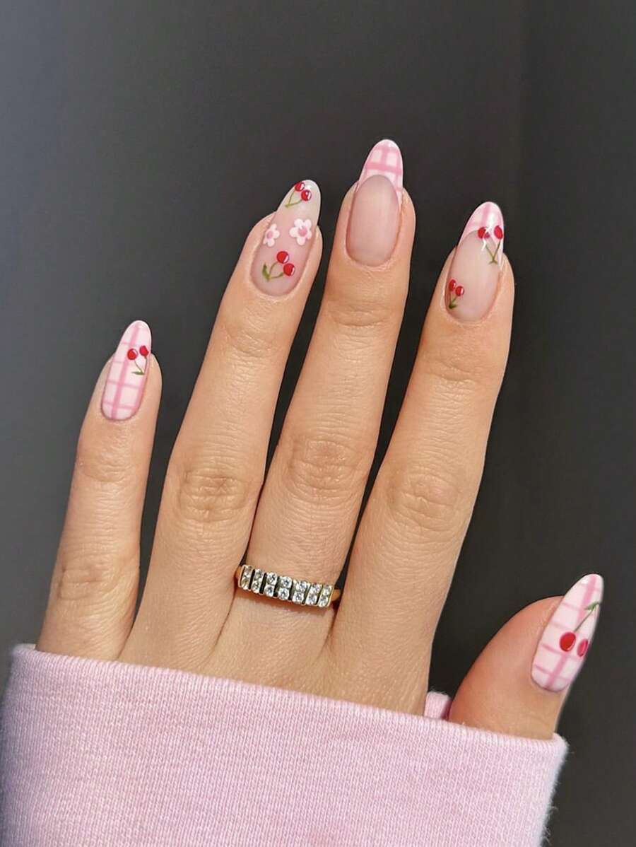 24 pièces Ongles à pression en forme d'amande, style fille, ton rose, 1 poussoir à ongles + 1 gel à ongles