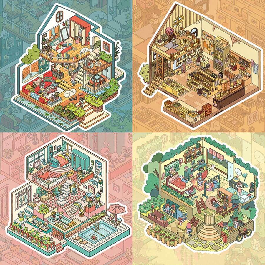 1 Set Large Size 3D Imaginative Series Decorative Stickers For Miniature House Scenes, Pixel Game Stickers Series For Microfoam House Scene, DIY Crafts And Wooden Phone Case/Notebook 3D Decoration, No Cutting Required, Back To School Themed