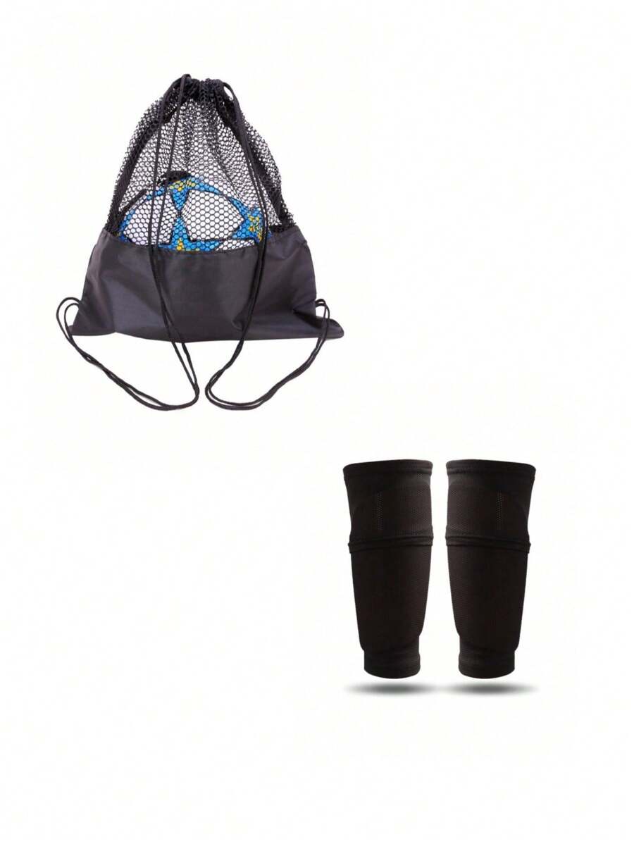 2 piezas de Fundas para espinilleras de fútbol de malla elástica y transpirable + Bolsa de equipamiento de fútbol, Bolsa de baloncesto, Calcetín de manga deportiva negra, Bolsa de red negra, Protector de pierna adulto de doble capa fijo