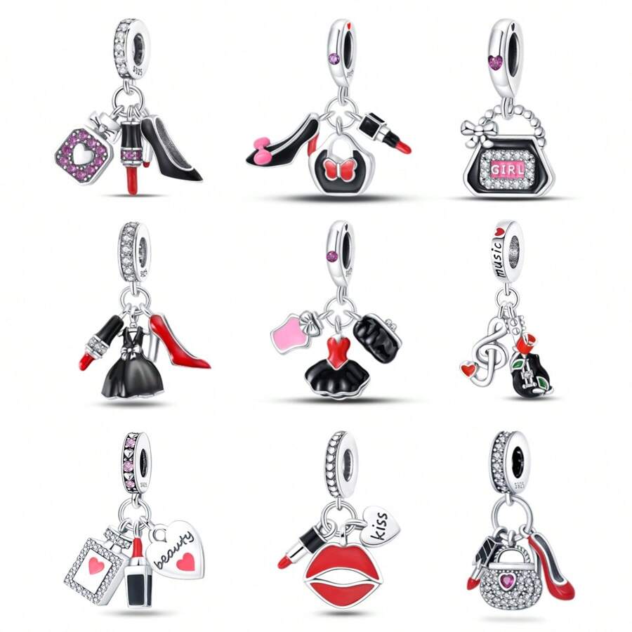 925 Sterling Silver Women's Jewelry Lipstick Perfume High Heels Imitation Series Charms Dress And Flower Charms Red High Heels Charms Suitable For Women's Bracelets DIY Jewelry Making And Daily Clothing Matching Jewelry Decoration Suitable For Girls