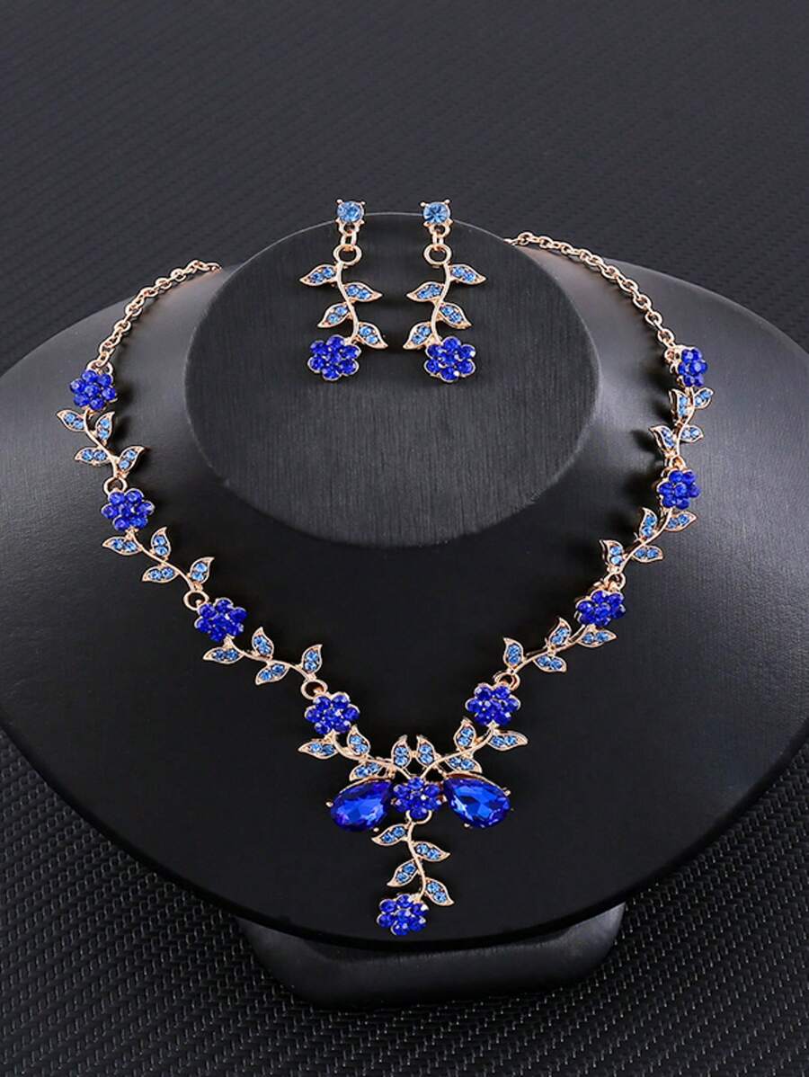 1 Set Flower Design Earrings & Necklace, Elegant Vintage Rhinestone Jewelry Set For Women, Professional Jewelry For Wedding, Party