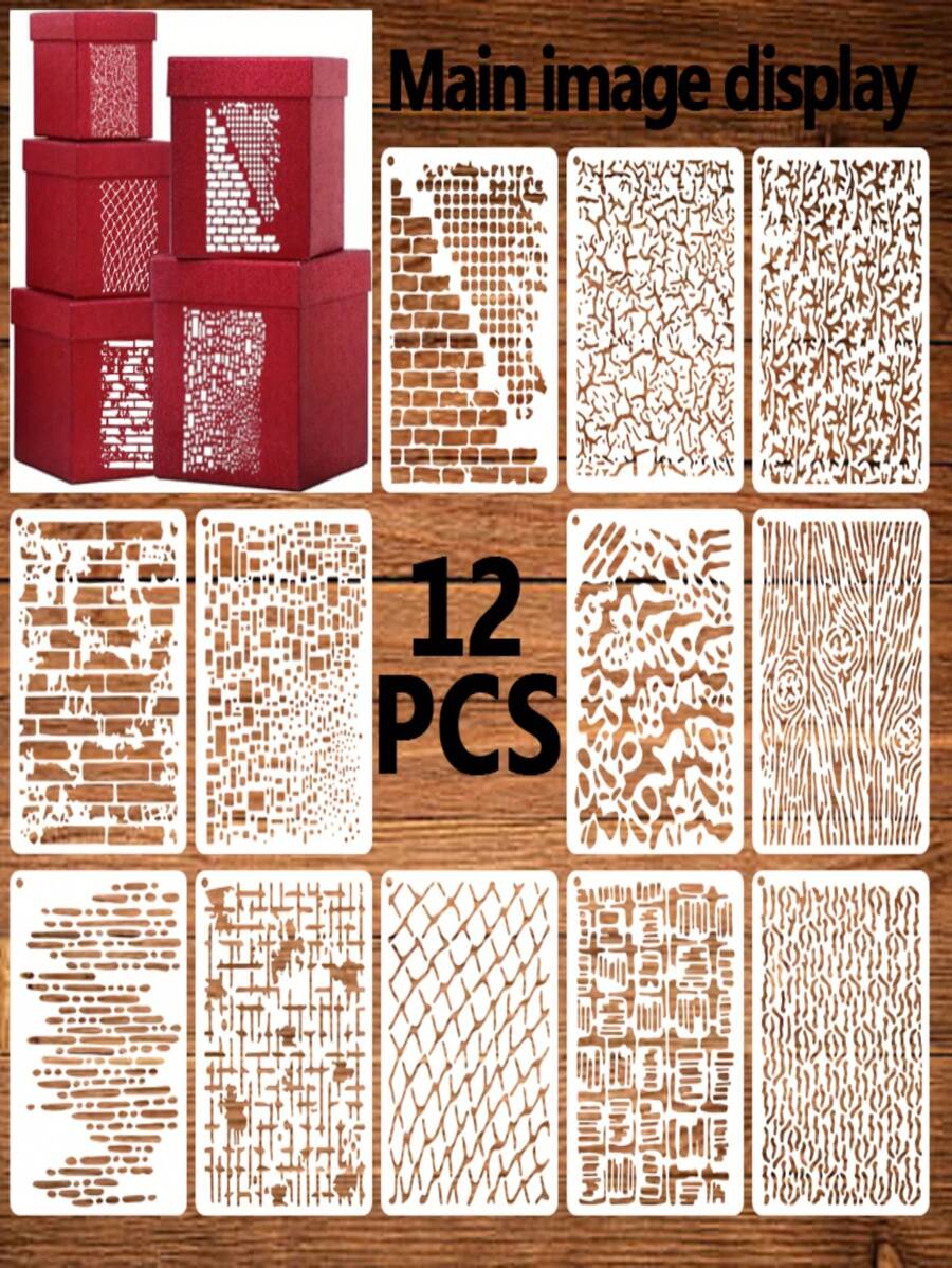 Set de 12 plantillas de pintura de patrones mixtos, plantillas de artesanía reutilizables y lavables que incluye patrones de veta de madera, telaraña y multicapa para pintura en aerosol para pared, lienzo, tarjetas y bricolaje