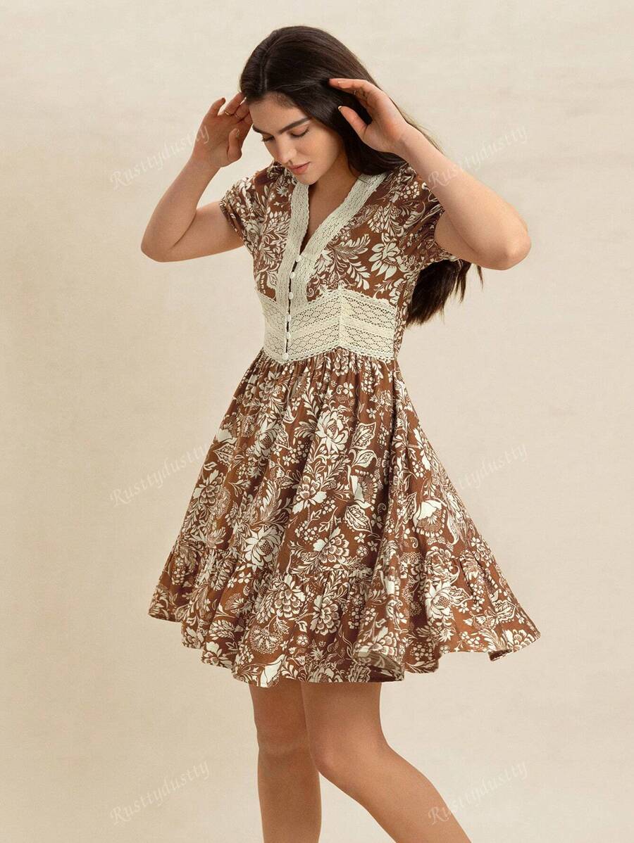 Rusttydustty Spring Linen Feel Women's Rustic Floral Vintage Dress With Lace Details Soft Romantic Short Dress For Vacation Outfits Beach Coachella Music Festival