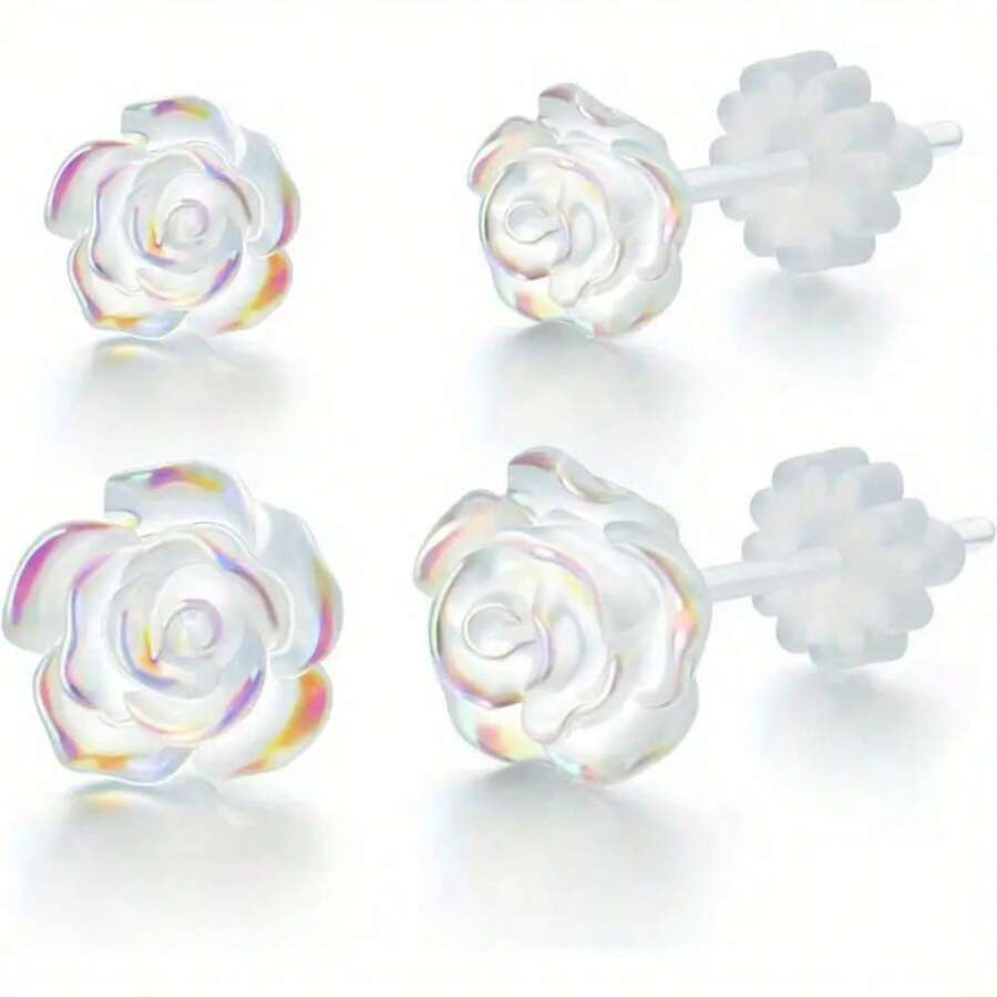 Elegant Clear Plastic Rose Stud Earrings Set For Sensitive Ears, 2 Pairs - Hypoallergenic Simple Style, Daily Wear, All-Season Comfort Fit With No Plating - Featherlight Women's Fashion Jewelry