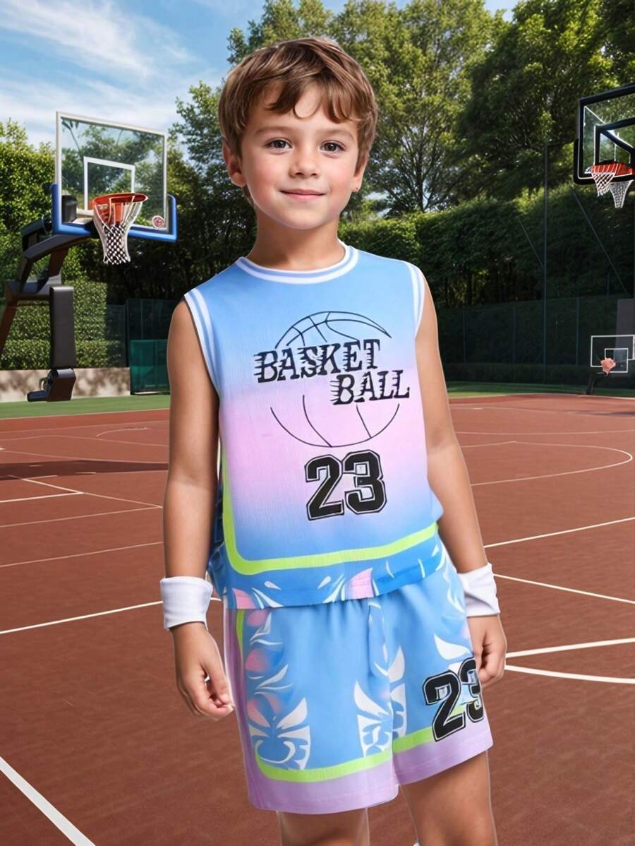 2pcs/Set Boys' Basketball Sports Outfit, Short Sleeve Shirt And Shorts, Casual Comfort Blue-Pink-Purple Gradient Design, Basketball No.23 Print, Suitable For Sports And Outdoor Wear