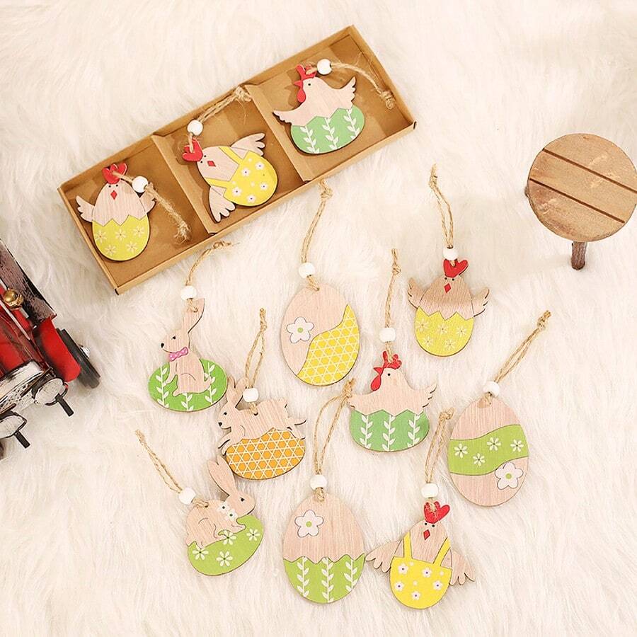 6 pièces/set Nouvelles décorations de Pâques, ornements d'animaux en bois peints de manière créative, cartes de Pâques, fournitures de fête, décoration suspendue artisanale, joli cadeau