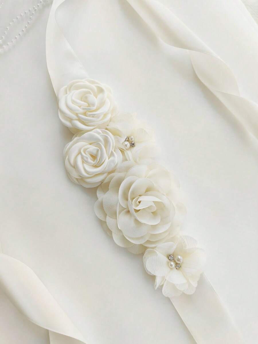 1 buc centură cu flori 3D în talie, evantaie rochie de mireasă, petrecere domnișoare de onoare, centură florală din satin de maternitate, accesoriu pentru costum fotografic