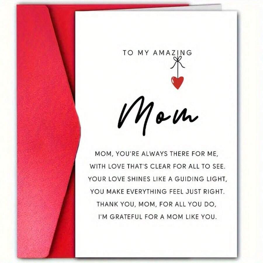 1pc Heartfelt "To My Amazing Mom" Thank You Card With Red Envelope , Sentimental English Message, Perfect For Mother's Day & Good Luck Occasions, Paper Greeting Card For Moms And Step-Mothers, Mother's Day Gifts For Mom