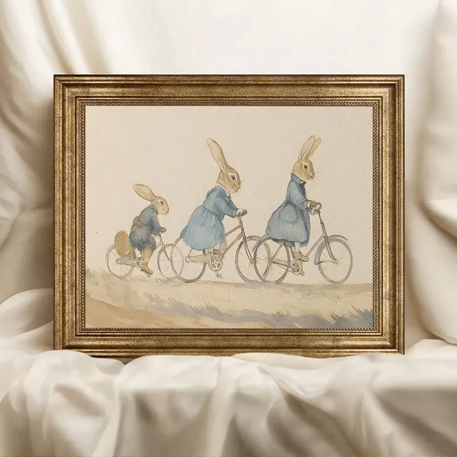1 Piece, Unframed, Wall Arts Posters Art Canvas Poster, Canvas Art - Charming Vintage Whimsical Animal Friends Riding Bicycles Wall Decor For Living Room And Bedroom, Easter, Holiday Poster, Bunny Mural Poster