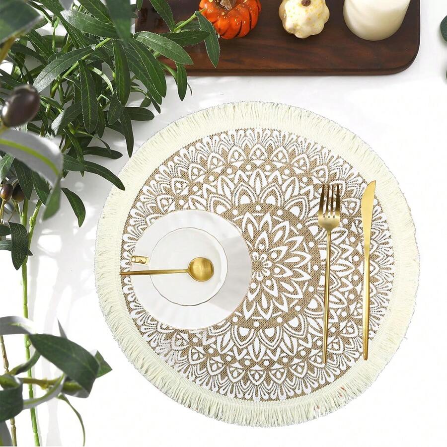 1/4/6/8 piezas Manteles individuales redondos tejidos de 15" con flecos, estilo bohemio resistentes al calor para mesa de comedor, boda, fiesta, decoración adecuada para reuniones familiares en interiores y exteriores, decoración minimalista para el comedor, protección de la vajilla, regalo para fiestas