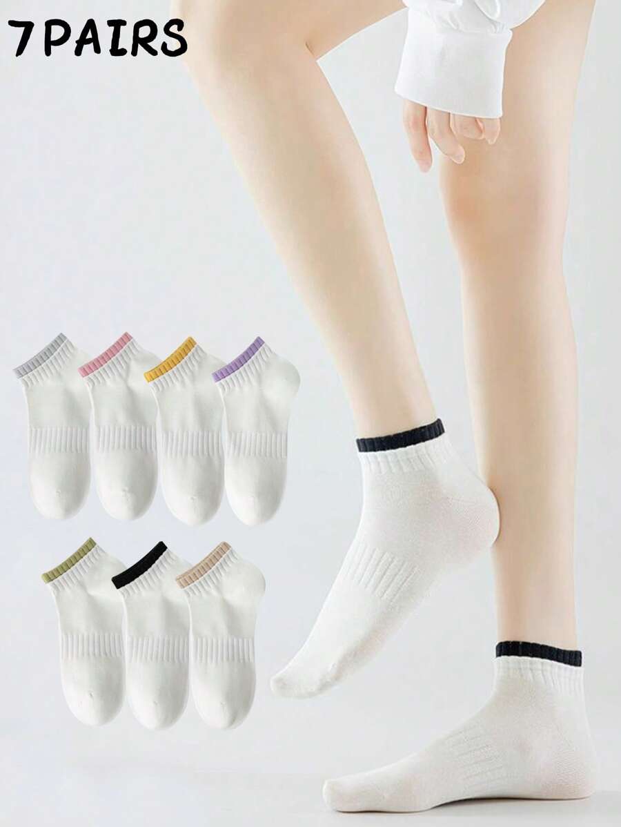 7 pares de calcetines de tobillo deportivos de bloques de color para mujer, calcetines cortos blancos y versátiles, apropiados para uso diario, primavera y verano
