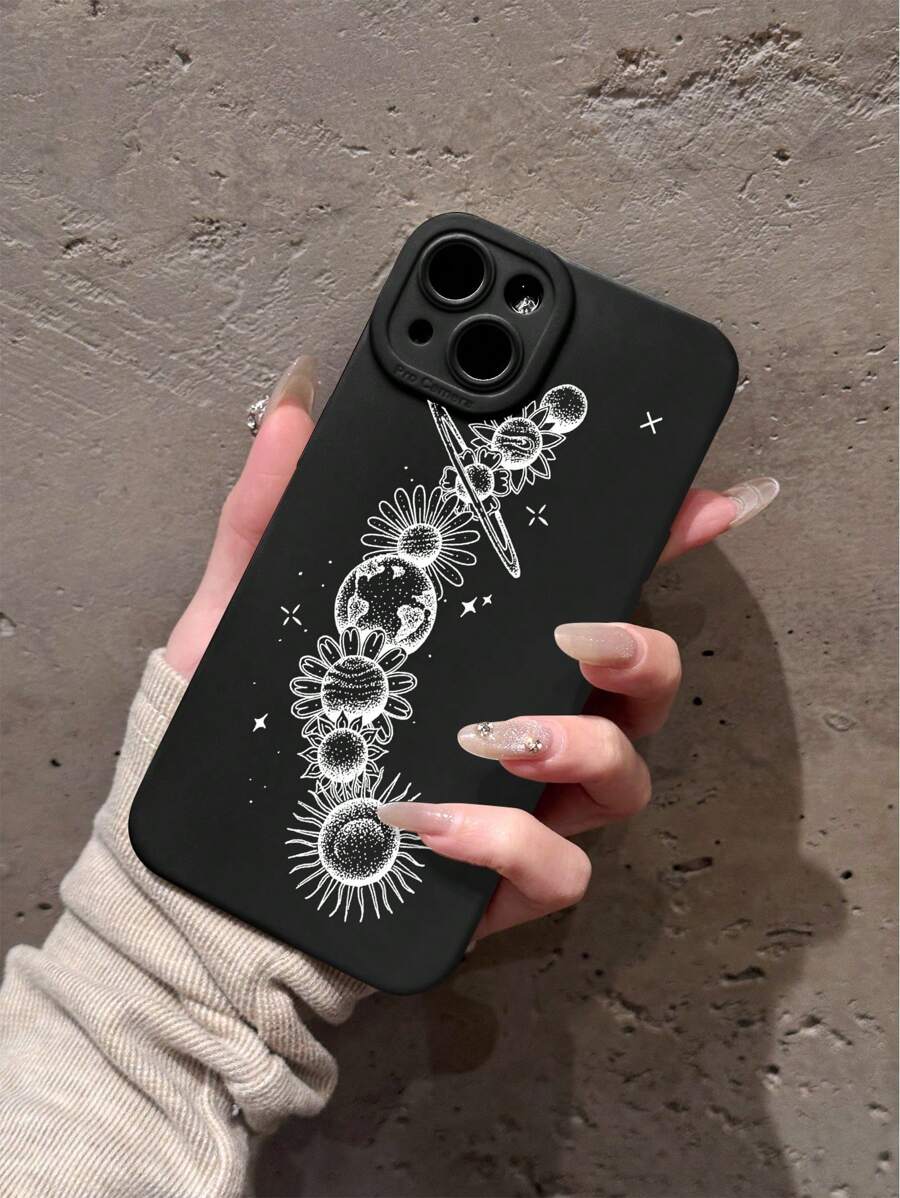 1 stuk eenvoudige lijn ruimte bloem ster patroon zwarte kattenoog volledige dekking telefoon zachte hoes compatibel met 11/12/13/14/15/16 Pro Max