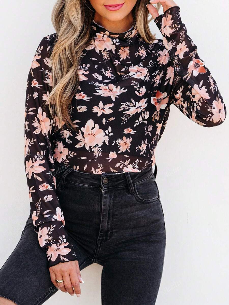 Acelitt Zwarte bloemen mesh coltrui lange mouwen aansluitende blouse