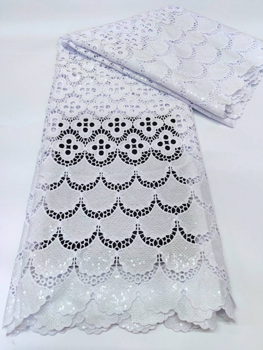 5 Yards Pure White Cord Lace Fabric With Sequins Dry Laces Milk Silk Fabrics Mali Women Wedding Bride Sewing Material