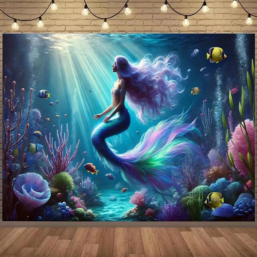 Fondo de tela de poliéster de 7x5 pies para fotografía, fondo submarino de sirena, pancarta de cumpleaños, decoración para mesa de tarta, estudio fotográfico, decoración de fiestas al aire libre, de uso múltiple, sin necesidad de electricidad, apto para decoración de jardín, césped y jardinería