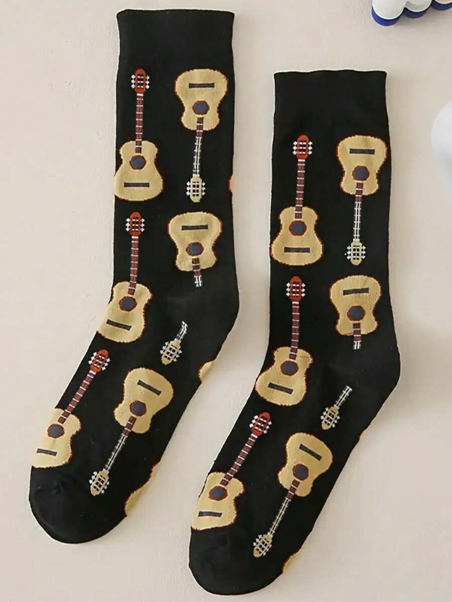 1 Pair Violin Themed Fashionable Mid-Calf Socks, Suitable For Everyday Wear At Home
