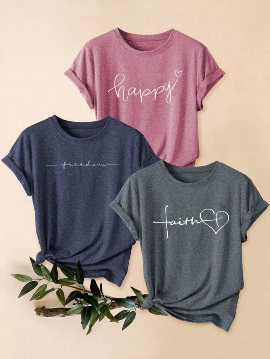 Pack mixte de 3 pièces T-shirts style rétro avec imprimé lettres, confortables. Hauts sport col rond à manches courtes décontractés pour l'été, vêtements pour femmes