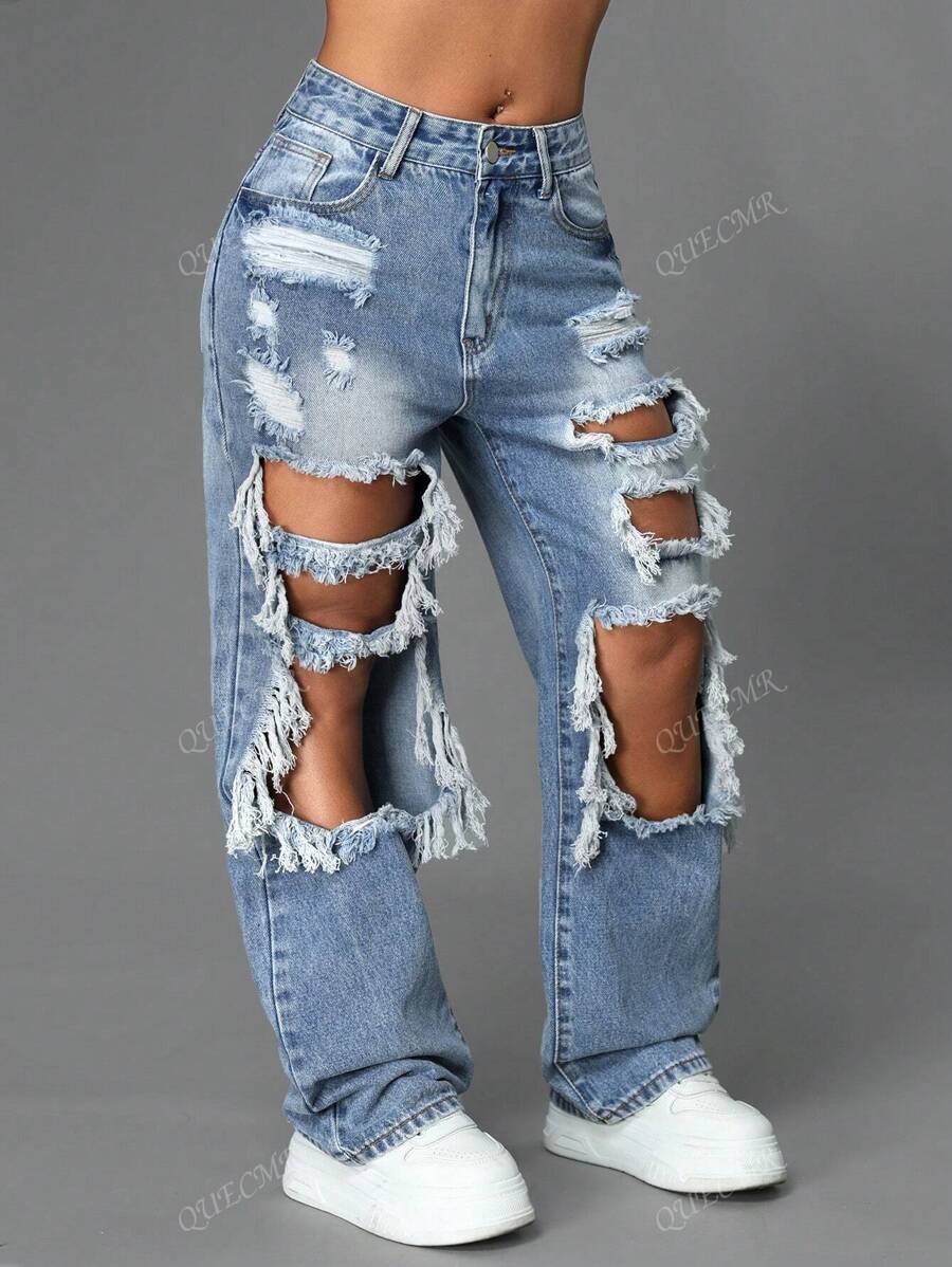 Jeans droits avec poches obliques contrastées et découpes