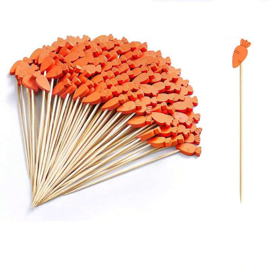 200/100/80/50/30/20/10pcs/Pack Easter Carrot Designed Bamboo Picks, Suitable For Easter, Burgers, Bread, Desserts, Appetizers, Home Party Cake & Food Decoration In Spring Festivals