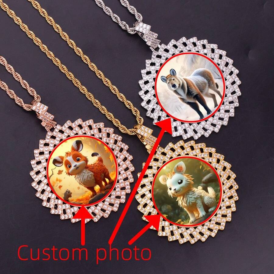 Customized Cubic Zirconia Photo Medallion Rhombus Charm Image Personalized Necklace Picture Memory Pendant Necklace Hip Hop Jewelry