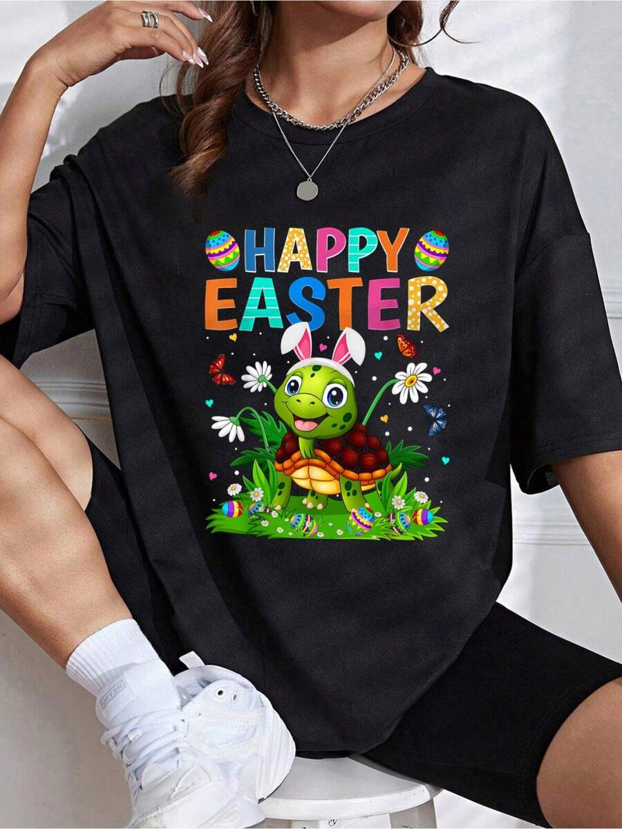 Happy Easter Bunny Egg Funny Turtle Easter Sunday T-Shirt - 100% Cotton Casual Short Sleeve Printed Crew Neck T-Shirt For Spring & Summer - Comfortable, Relaxed Fit