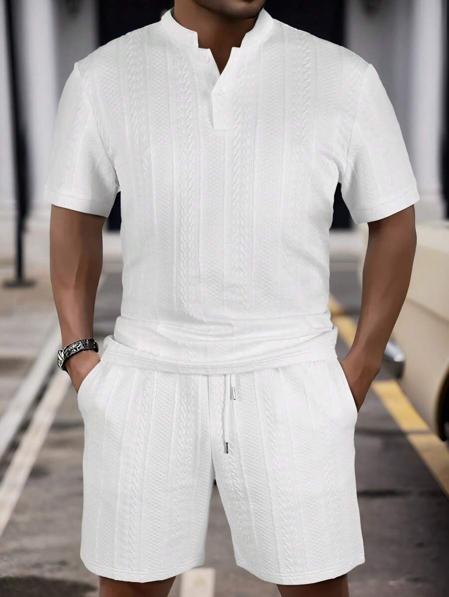 Men's Comfortable Jacquard Fabric Polo Collar Short Sleeve Top And Drawstring Shorts 2 Pieces Casual Set