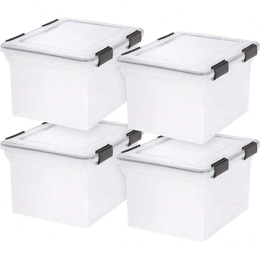 File Organizer Plastic File Box For Letter/Legal File, Water Resistant Document Box, Durable Lid, Seal W/ Secure Latching Buckles, Stackable, Nestable, Clear 32 Qt. 4Pack