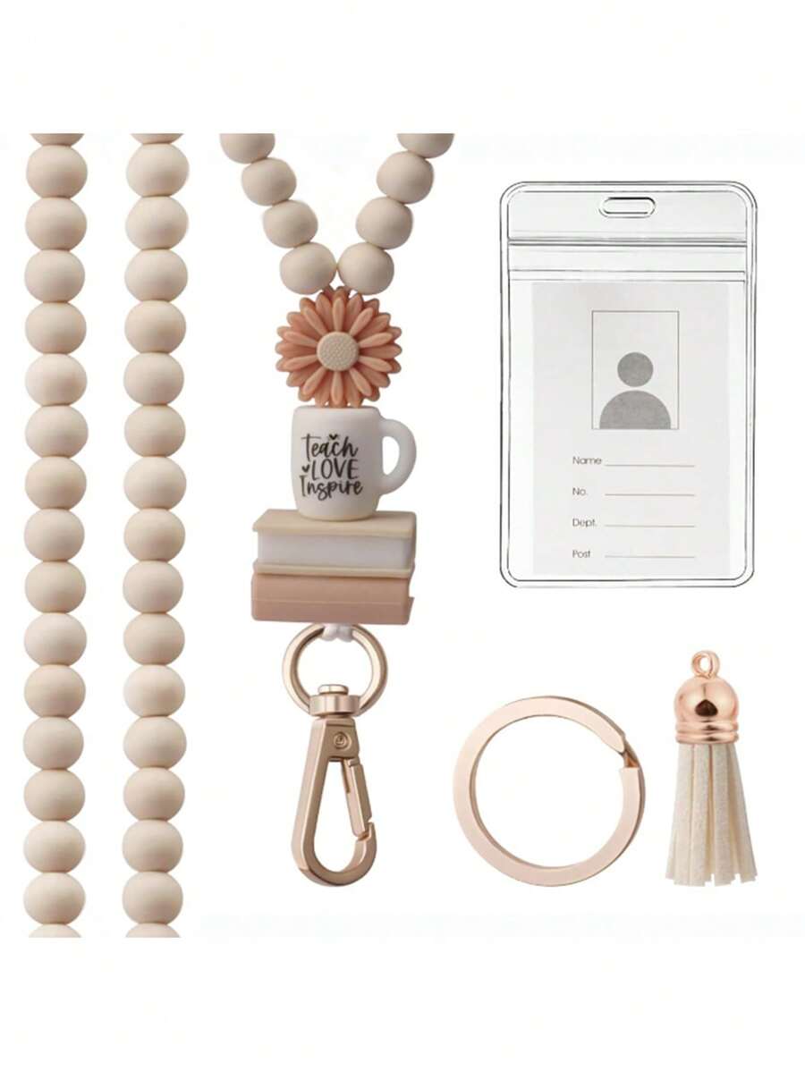 1pc Neck Keychain Strap Boho Tassel Wooden Beaded Lanyard For Keys Keychain ID Card Holder Fashion Necklace Lanyards For Women Gift,School Supplies,Back To School