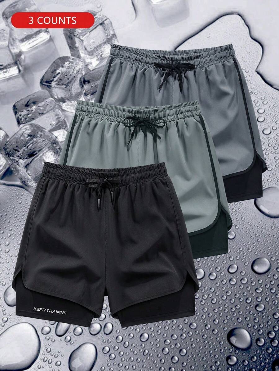 3pcs Men's 2 In 1 Casual Sports Fitness Shorts, Designed With Simulated Two Pieces Style, Towel Holder At The Back. The Fabric Keeps You Cool And Comfortable, Not Stuffy. These Shorts Are Suitable For Hiking, Climbing, Outdoor Cycling, Running And Fitness Exercises.