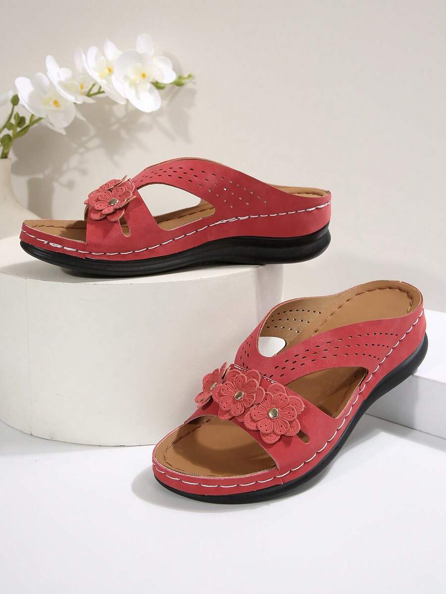 Women's Fashion Summer New Angola Red Platform Wedge Sandals, Red Criss-Cross Hollow Slippers With Metal Decor, Laser Cutting Hollow Crafted Breathable Comfortable Casual Beach Shoes For Summer Holiday