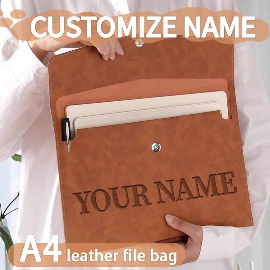 Customized Personalized File Folder A4 Magnetic File Bag, Waterproof PU Leather Document Organizer, Birthday/Christmas Gift Customization, Large Capacity Business Office Filing Bag, Exam Stationery Supplies,Back To School,School Supplies