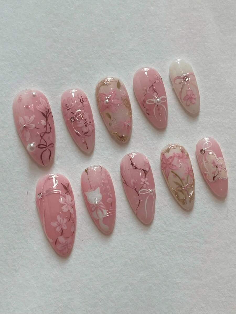 10pcs/Set Reusable Full Cover Almond Shaped Press-On Nails With Cartoon Floral, Branch And Bow Print, Fingertip Sensory Experience